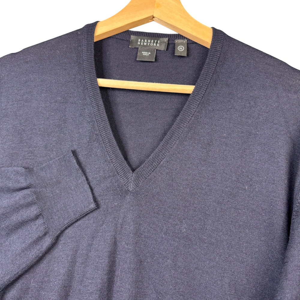 Barneys New York Mens XL Navy Blue 100% Virgin Wool V-Neck Sweater Long Sleeve